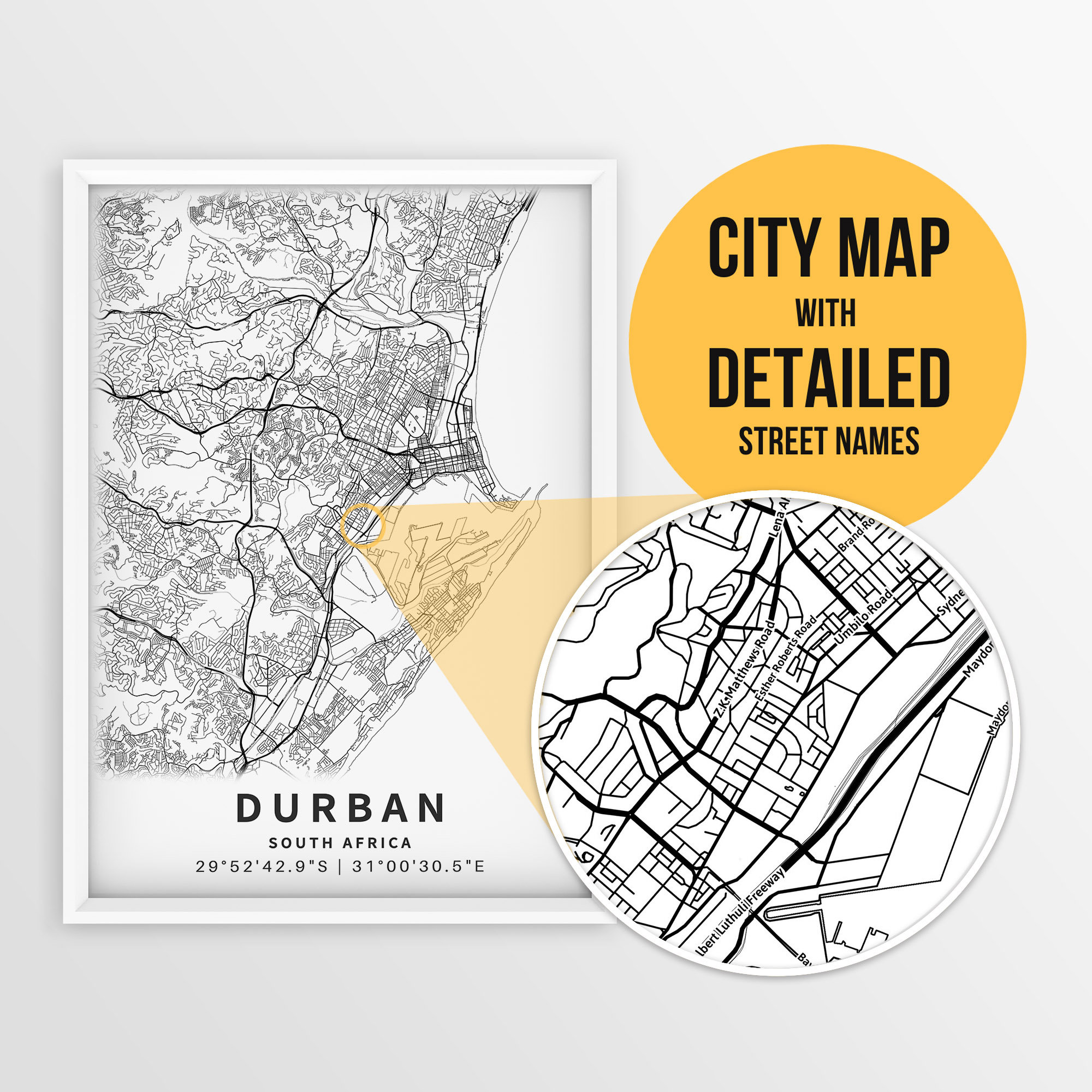 Printable Map of Durban, South Africa with Street Names - Instant Download \ City Map \ Travel Gift \ City Poster \ Road Map Print