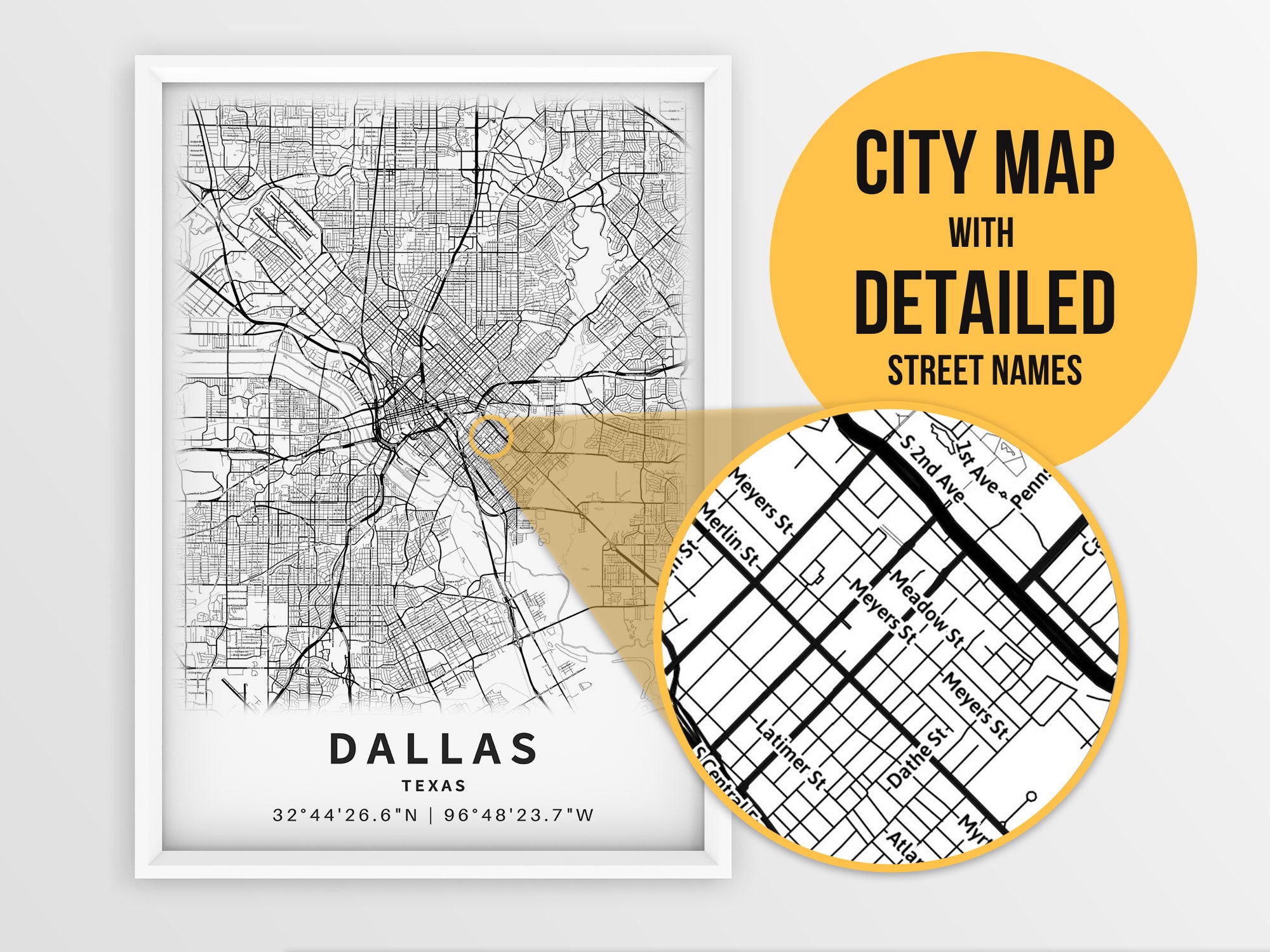 Printable Map of Dallas TX Texas United States With Street | Etsy