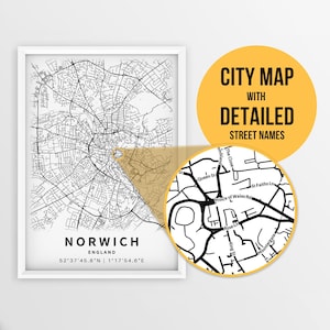 Norwich, England, Grossbritannien Karte mit Strassennamen zum ausdrucken - zum sofortigen Download