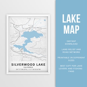 Mapa imprimible de Silverwood Lake, California, EE. UU. - Descarga instantánea \ Mapa del lago \ Cartel del mapa \ Decoración de la casa del lago \ LakeLife \ Pesca \ Navegación en barco