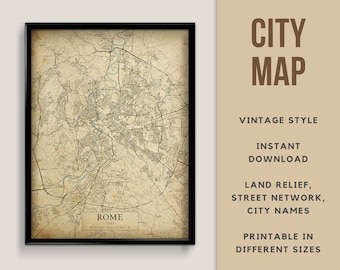 Printable Vintage Style Map of Rome, Italy - Instant Download \ Street Map \ Map Poster \ Antique Style \ Map Print \ Wall Art \ Italy Gift