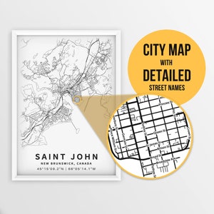 Druckbare Karte von Saint John, New Brunswick, Kanada mit Straßennamen - Sofort Download \ City Map \ Travel Gift \ City Poster \ Road Map