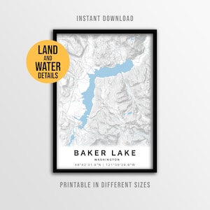 Baker Lake Karte Poster, Washington Lake Haus Dekor (Instant Download)