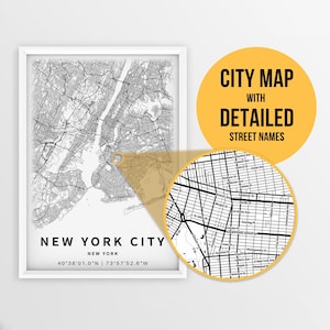 Druckbare Karte von New York City, USA mit Straßennamen - sofortiger Download ~ Karte ~ ~ Stadt Karte ~ Strassen Karte Print