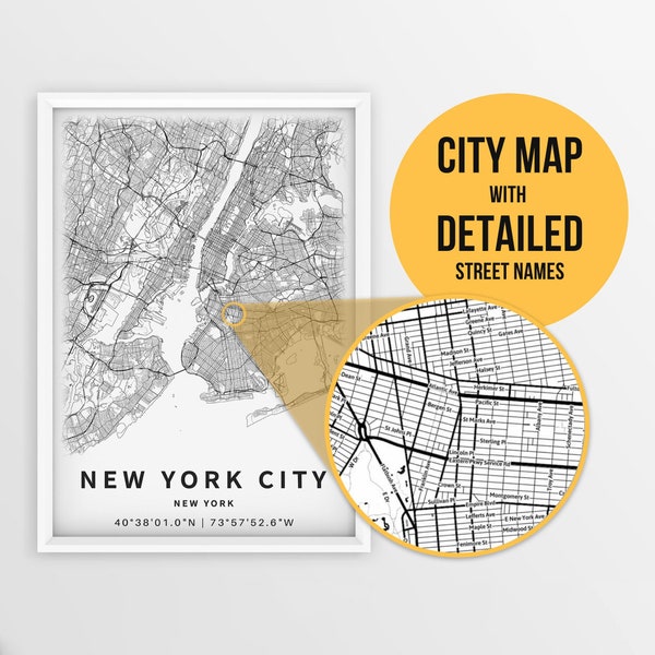 Printable Map of New York City, United States with Street Names - Instant Download \ City Map \ Travel Gift \ City Poster \ Road Map Print