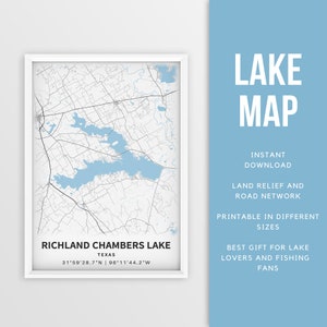 Mapa imprimible de Richland-Chambers Lake, Texas, EE. UU. - Descarga instantánea \ Mapa del lago \ Cartel del mapa \ Decoración de la casa del lago \ Pesca \ Paseos en bote