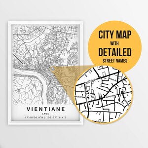 Printable Map of Vientiane, Laos with Street Names - Instant Download \ City Map \ Travel Gift \ City Poster \ Road Map Print \ Street Map