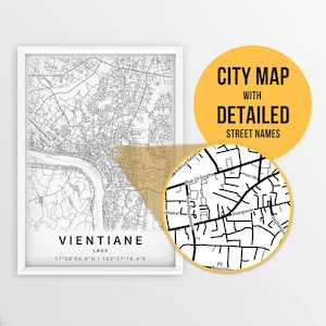 Druckbare Karte von Vientiane, Laos mit Straßennamen - sofortdownload \ Stadt Karte ~ Reise Geschenk ~ Stadt Poster ~ Strassen Karte