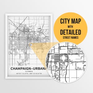 Printable Map of Urbana-Champaign, Illinois, USA with Street Names - Instant Download \ City Map \ Travel Gift \ City Poster \ Road Map