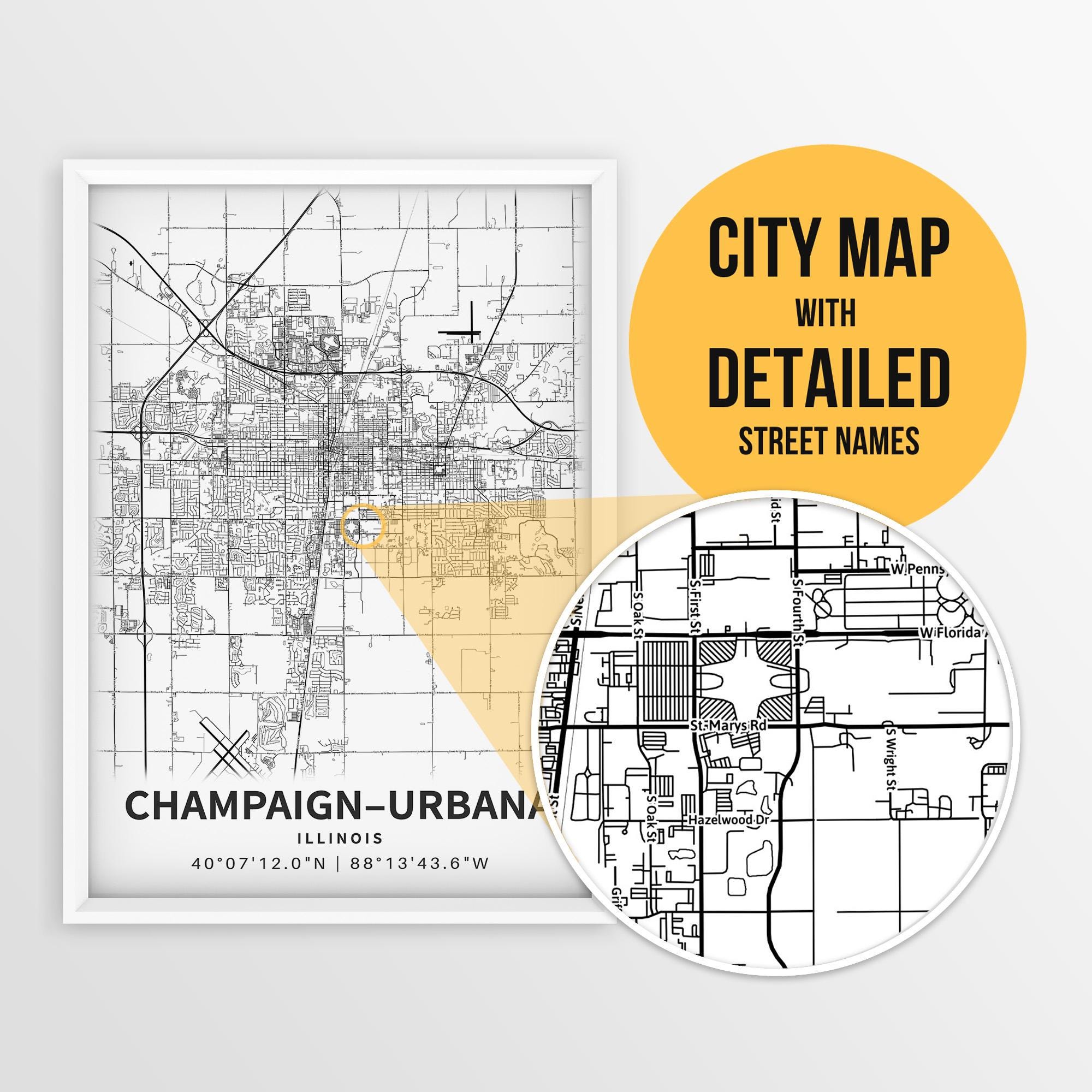 Printable Map of Urbana-champaign, Illinois, USA With Street Names ...