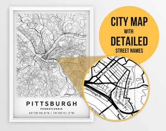 Printable Map of Pittsburgh, Pennsylvania, USA with Street Names - Instant Download \ City Map \ Travel Gift \ City Poster \ Road Map Print