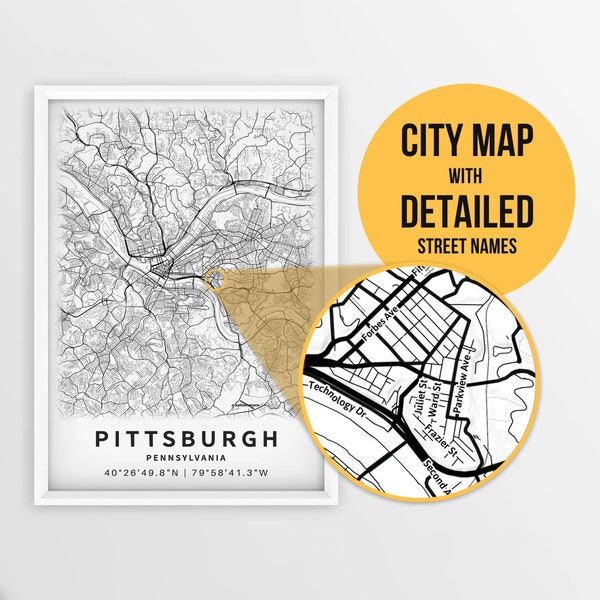 Printable Map of Pittsburgh, Pennsylvania, USA with Street Names - Instant Download \ City Map \ Travel Gift \ City Poster \ Road Map Print