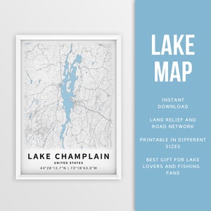 Mappa stampabile del lago Champlain, Vermont, Stati Uniti - Download istantaneo \ Mappa del lago \ Poster della mappa \ Arredamento della casa sul lago \ LakeLife \ Pesca \ Canottaggio