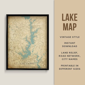 Vintage Style Map of Lake Keowee, South Carolina, USA with City names - Instant Download \ Lake Map \ Printable Poster \ Map Print