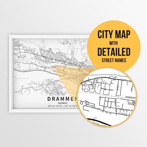Drammen, Norwegen Karte mit Strassennamen - direkter Download ~ Karte ~ Karte ~ Strassenkarte ~ Poster ~ Strassenkarte
