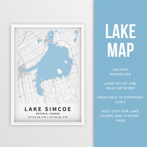 Mapa imprimible del lago Simcoe, Ontario, Canadá - Descarga instantánea \ Mapa del lago \ Cartel del mapa \ Decoración de la casa del lago \ LakeLife \ Pesca \ Paseos en bote