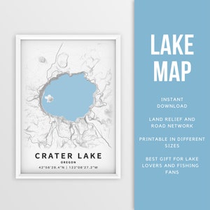 Mapa imprimible de Crater Lake, Oregón - Descarga instantánea \ Mapa del lago \ Arte de la pared \ Cartel del mapa \ Decoración de la casa del lago \ LakeLife \ Pesca \ Paseos en bote