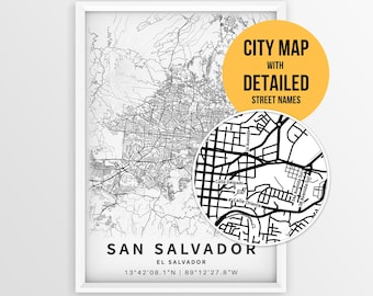 San Salvador Map with Street Names, Printable El Salvador City Poster (Instant Download)
