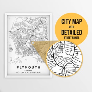 Druckbare Karte von Plymouth, England, Vereinigtes Königreich mit Straßennamen - Sofort Download \ City Map \ Travel Gift \ City Poster \ Road Map