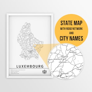 Luxemburg Karte mit Städtenamen und Straßen zum Ausdrucken - Landkarte Stadtplan Kunst auf Naturfoto