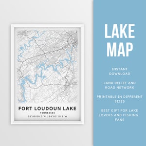 Mapa imprimible Fort Loudoun Lake, Tennessee - Descarga instantánea \ Mapa del lago \ Arte de la pared \ Cartel de pesca \ Decoración de la casa del lago \ LakeLife \ Paseos en bote
