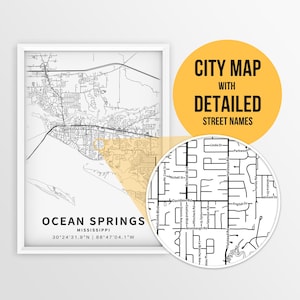 Ocean Springs, Mississippi Landkarte mit Strassennamen - zum sofortigen Download ~ Stadtplan ~ Strassenkarte ~ Poster