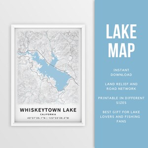 Mapa imprimible de Whiskeytown Lake, California - Descarga instantánea \ Mapa del lago \ Cartel del mapa \ Decoración de la casa del lago \ LakeLife \ Pesca \ Paseos en bote