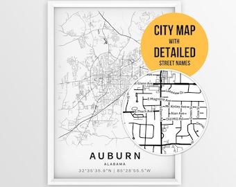 Kaart Auburn Alabama met straatnamen, afdrukbare poster Auburn City (direct downloaden)