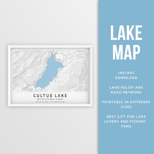 Mapa imprimible de Cultus Lake, Columbia Británica, Canadá - Descarga instantánea \ Cartel del mapa \ Decoración de la casa del lago \ LakeLife \ Pesca \ Paseos en bote