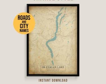 Mapa jeziora Okanagan w stylu vintage, plakat z widokiem na dom nad jeziorem w Kolumbii Brytyjskiej do wydrukowania (do pobrania natychmiast)