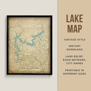 Mapa de estilo vintage del lago Allatoona, Georgia, EE. UU. con nombres de ciudades - Descarga instantánea \ Mapa del lago \ Arte de la pared \ Impresión de mapas \ Cartel del lago
