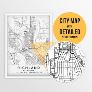 Mapa imprimível de Richland, Washington, EUA com nomes de ruas - Download instantâneo \ Mapa da cidade \ Presente de viagem \ Pôster da cidade \ Impressão de mapa rodoviário