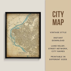 Carte de style vintage d'Asunción, Paraguay - téléchargement immédiat \ plan des rues \ art mural \ affiche de carte \ style antique \ impression de carte \ cadeau Paraguay