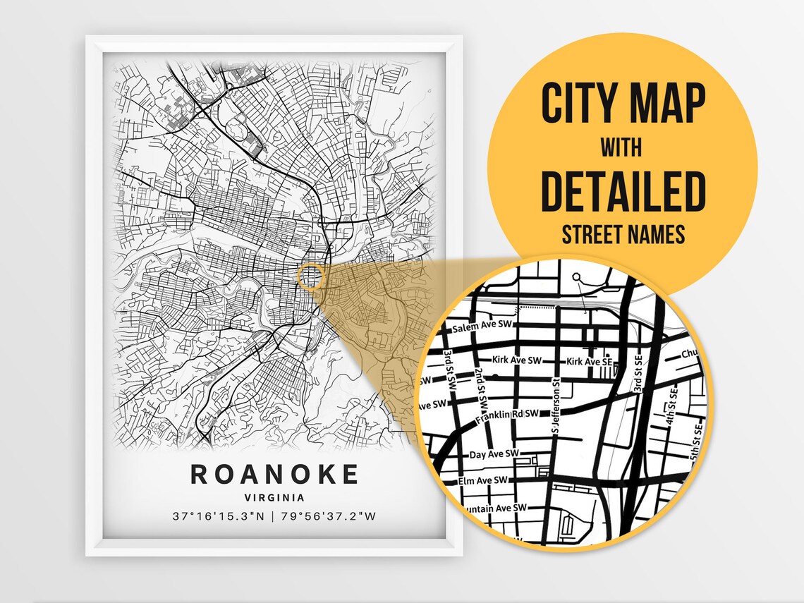 Printable Map of Roanoke Virginia VA United States With | Etsy