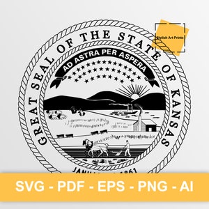 Sceau de l'État du Kansas, Kansas Vector Clipart - SVG \ PNG \ PDF \ Téléchargement instantané \ Découpe \ State Sign \ Licence commerciale