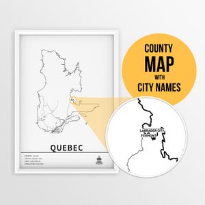 Carte imprimable de la province de Québec, Canada avec noms de villes - Téléchargement immédiat \ Carte de l'État \ Art de la carte \ Carte à épingles \ Planificateur de voyage \ Montréal