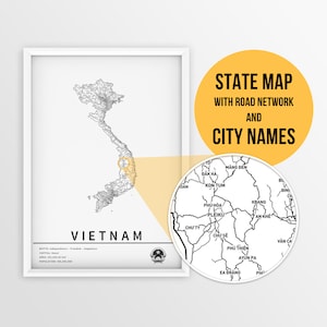Mapa imprimível do Vietnã com nome da cidade e estradas - Download instantâneo \ Mapa do país \ Cartaz do mapa \ Mapa de alfinetes \ Planejador de viagens \ Arte de parede