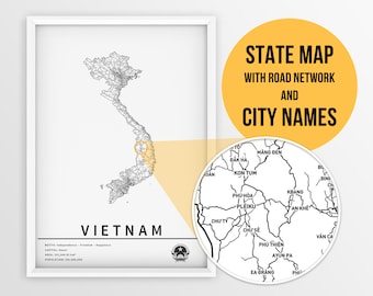 Printable Map of Vietnam with city name and roads - Instant Download \ Country Map \ Map Poster \ Push Pin Map \ Travel Planner \ Wall Art