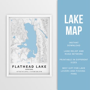 Mapa imprimible de Flathead Lake, Montana, EE. UU. - Descarga instantánea \ Mapa del lago \ Cartel del mapa \ Decoración de la casa del lago \ LakeLife \ Pesca \ Paseos en bote