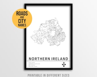 Nordirland kartposter, utskrivbar landskarta med häftstift och stadsnamn (direkt nedladdning)