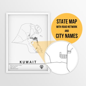 Kuwait Karte mit Städtenamen und Straßen - sofortdownload Landkarte Landkartenkunst