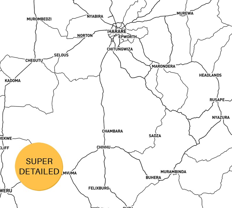 Zimbabwe Map Poster, Printable Push Pin Road Map With City Names ...