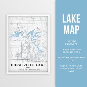 Mapa imprimible del lago Coralville, Iowa - Descarga instantánea \ Mapa del lago \ Arte de la pared \ Cartel del mapa \ Decoración de la casa del lago \ LakeLife \ Pesca \ Navegación