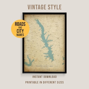 Toledo Bend Lake Vintage Style Map, Printable Texas Lake House Poster (Instant Download)