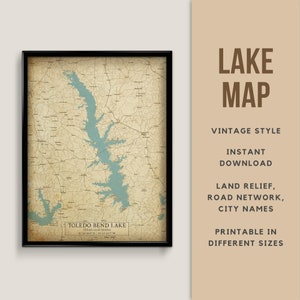 Mappa in stile vintage di Toledo Bend Lake, Texas Louisiana USA - Download istantaneo \ Mappa del lago \ Arte della parete \ Casa sul lago \ Mappa rustica \ Mappa Poster