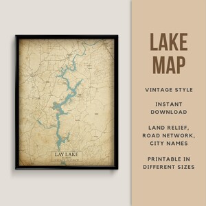Vintage stijl kaart van Lay Lake, Alabama, VS met stadsnamen - Instant Download \ Lake Map \ Wall Art \ Printable Poster \ Lake House Decor