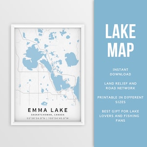 Mapa imprimible de Emma Lake, Saskatchewan, Canadá - Descarga instantánea \ Cartel del mapa \ Decoración de la casa del lago \ Pesca \ Paseos en bote \ Cartel del lago
