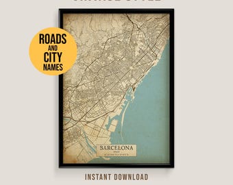 Barcelona, Spain Vintage Style Map, Printable Barcelona City Poster (Instant Download)