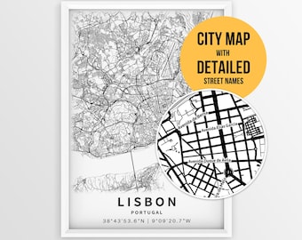 Lisbon Portugal Map with Street Names, Printable Lisbon City Poster (Instant Download)