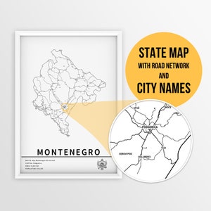 Mapa imprimível de Montenegro com nomes de cidades e estradas - Download instantâneo \ Mapa do país \ Arte do mapa \ Mapa de alfinetes \ Viagem Montenegro